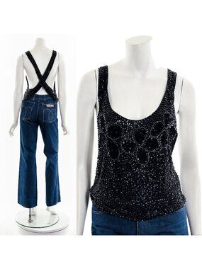 70s Black Beaded Sexy Criss Cross Top